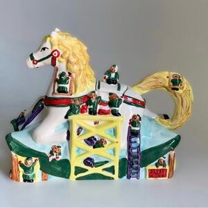 Vintage Multicolor Christmas Rocking Horse Working Elves Ceramic Teapot